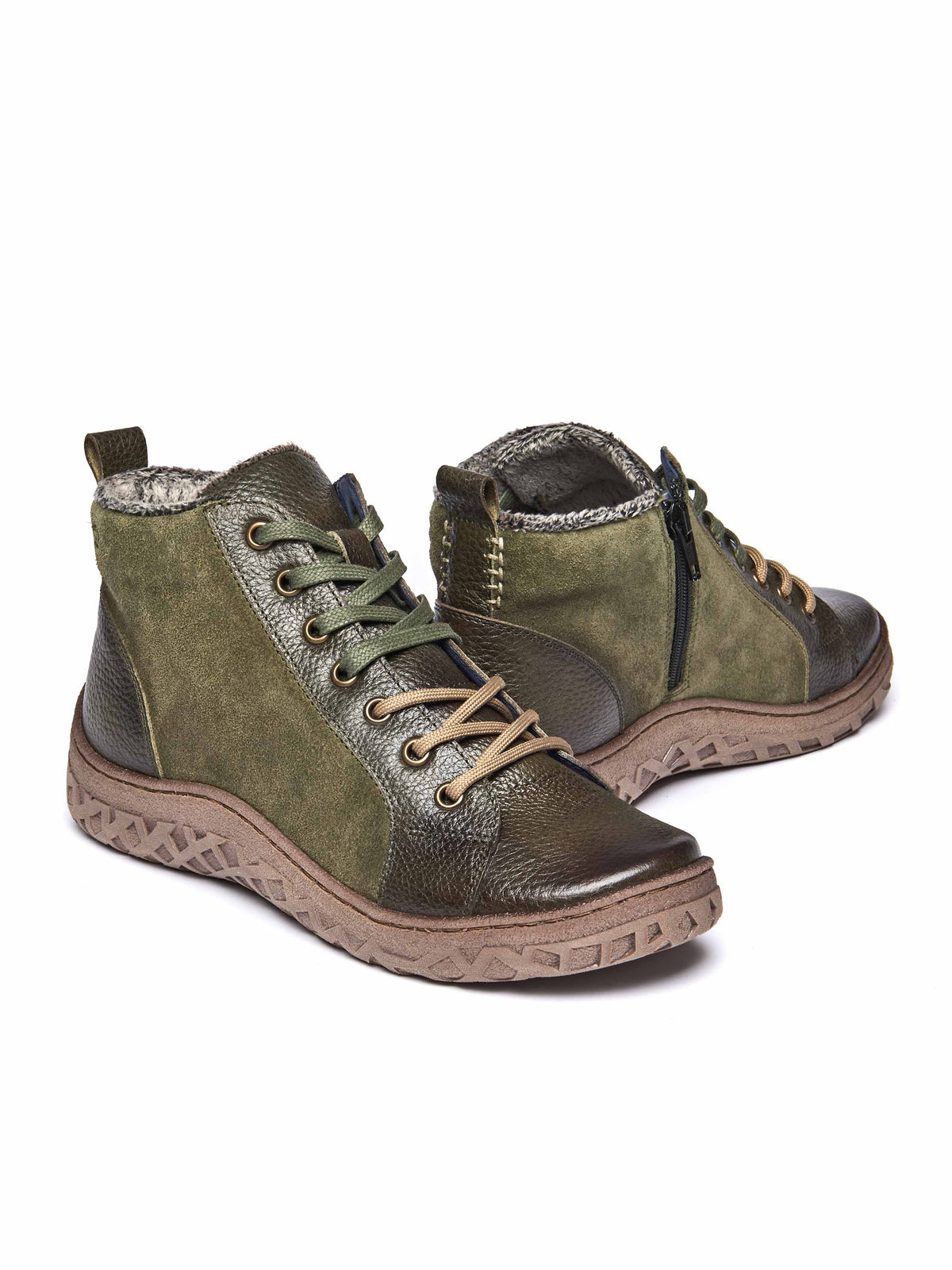 Green faux fur, tread-soled ankle boots - RADCLIFFE OLIVE GREEN LEATHER/SUEDE