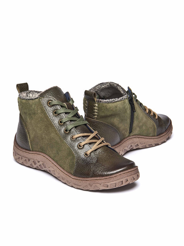 Green faux fur, tread-soled ankle boots - RADCLIFFE OLIVE GREEN LEATHER/SUEDE
