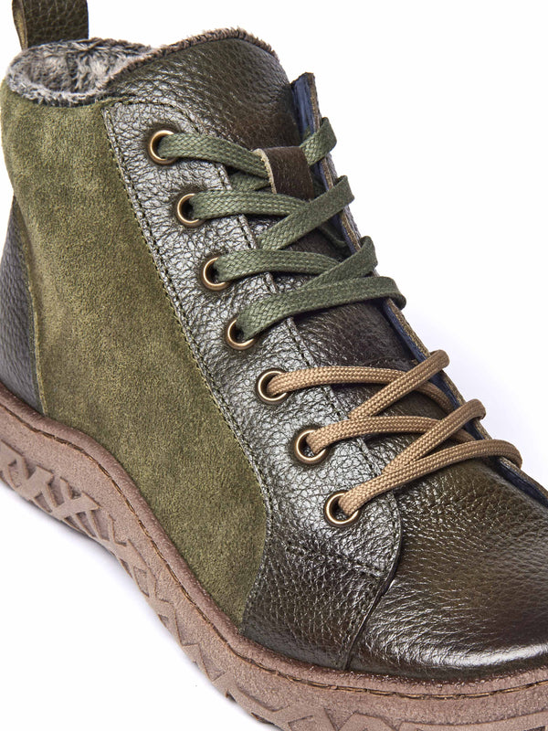 Green faux fur, tread-soled ankle boots - RADCLIFFE OLIVE GREEN LEATHER/SUEDE