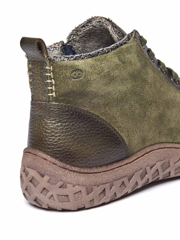 Green faux fur, tread-soled ankle boots - RADCLIFFE OLIVE GREEN LEATHER/SUEDE