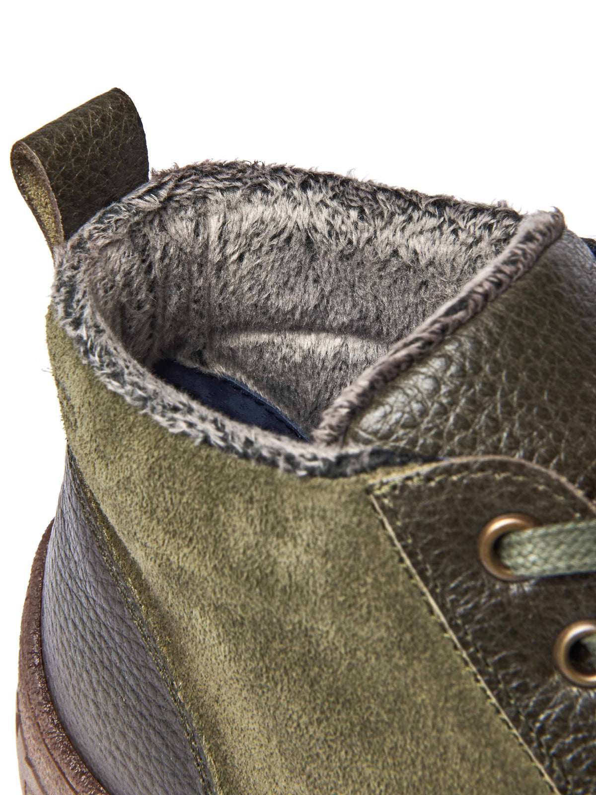Green faux fur, tread-soled ankle boots - RADCLIFFE OLIVE GREEN LEATHER/SUEDE