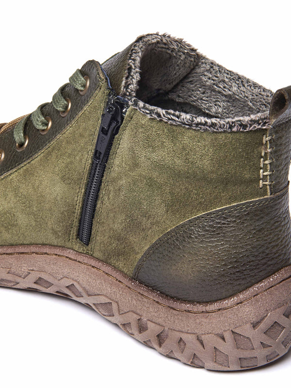 Green faux fur, tread-soled ankle boots - RADCLIFFE OLIVE GREEN LEATHER/SUEDE