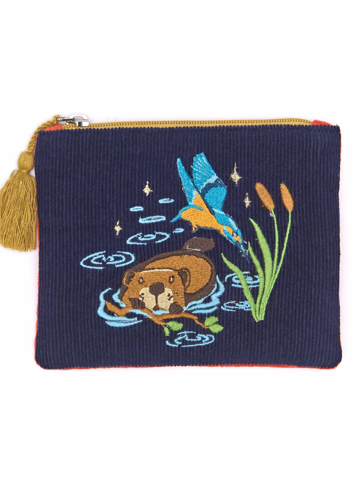 Blue embroidered everyday essentials pouch - DEVON WILDLIFE TRUST POUCH INDIGO BEAVER