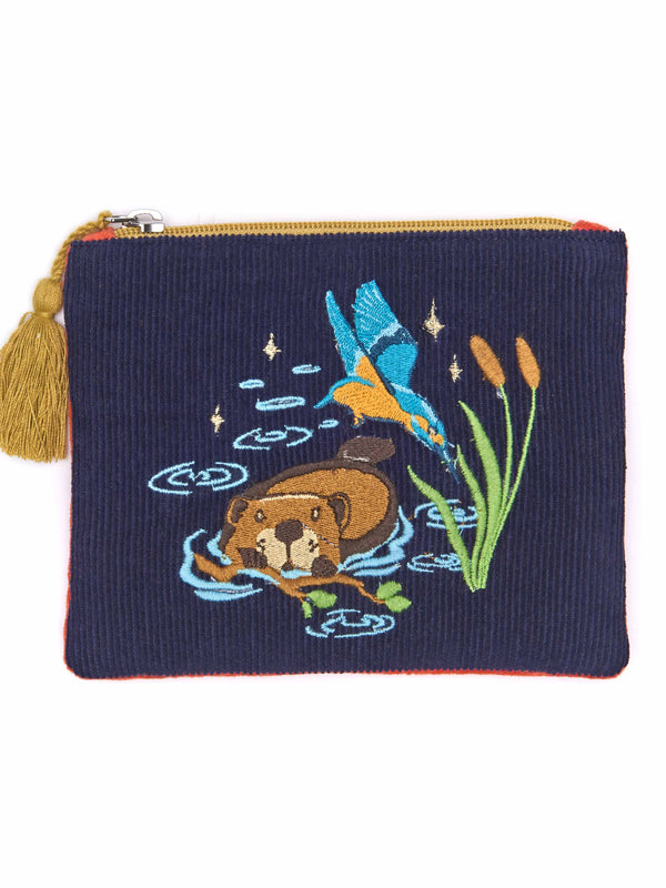 Blue embroidered everyday essentials pouch - DEVON WILDLIFE TRUST POUCH INDIGO BEAVER