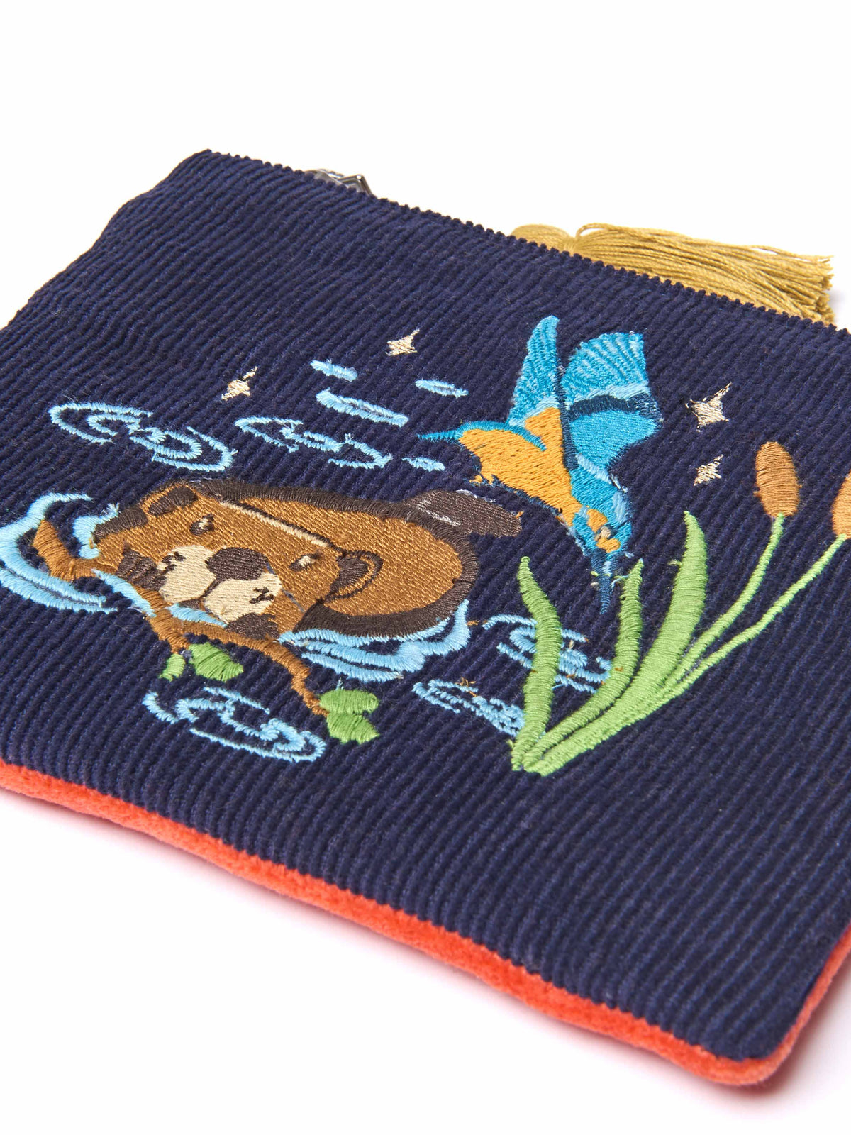 Blue embroidered everyday essentials pouch - DEVON WILDLIFE TRUST POUCH INDIGO BEAVER