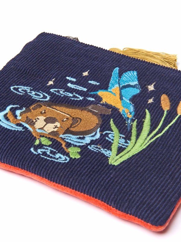 Blue embroidered everyday essentials pouch - DEVON WILDLIFE TRUST POUCH INDIGO BEAVER
