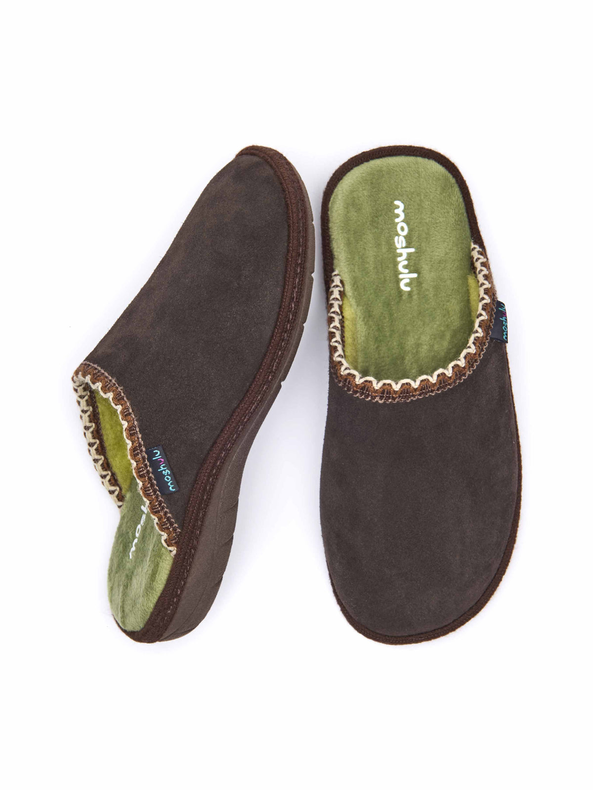 Brown easy entry slippers with colourful trim - TULSI BROWN SUEDE