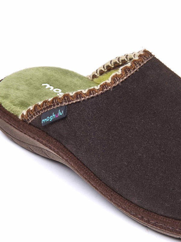 Brown easy entry slippers with colourful trim - TULSI BROWN SUEDE