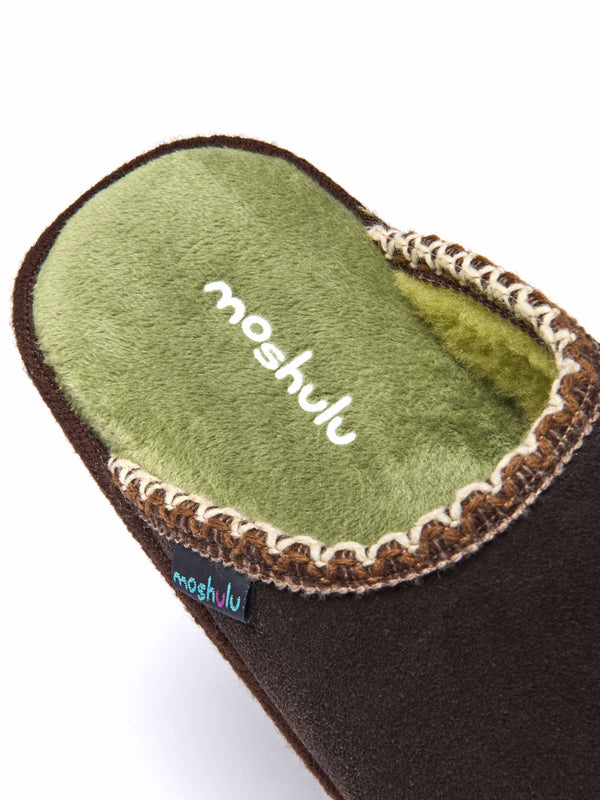 Brown easy entry slippers with colourful trim - TULSI BROWN SUEDE