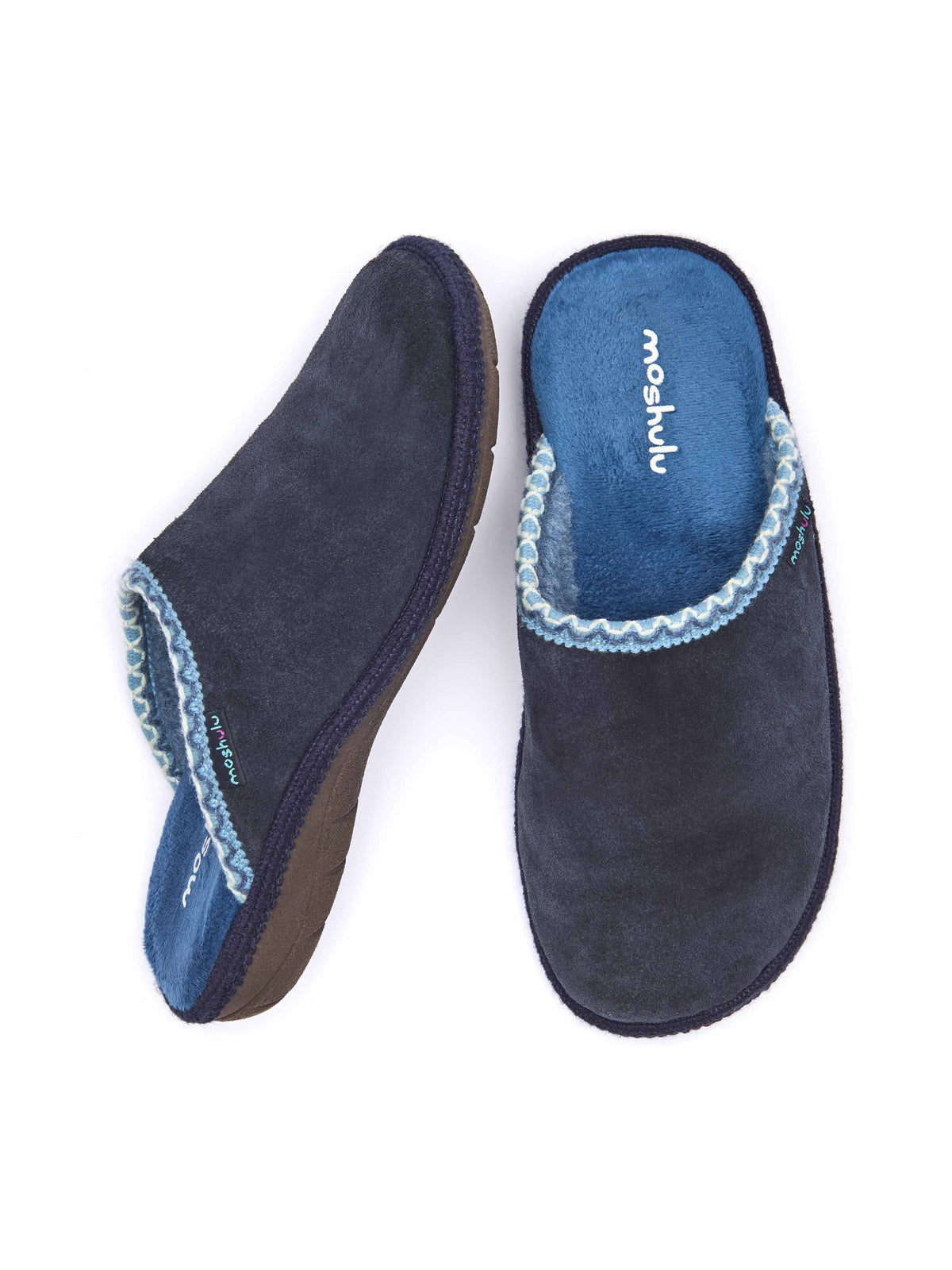 Blue easy entry slippers with colourful trim - TULSI INDIGO SUEDE