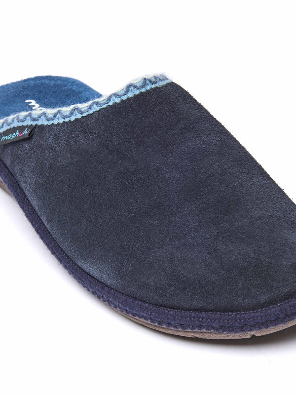 Blue easy entry slippers with colourful trim - TULSI INDIGO SUEDE