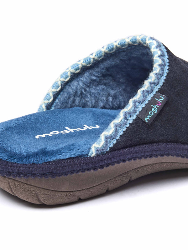 Blue easy entry slippers with colourful trim - TULSI INDIGO SUEDE