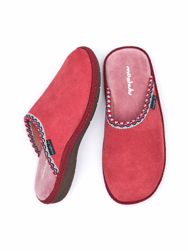 Red easy entry slippers with colourful trim - TULSI RED SUEDE