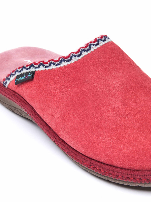 Red easy entry slippers with colourful trim - TULSI RED SUEDE