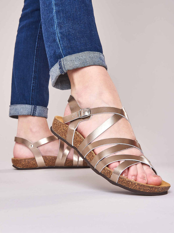 Metallic strappy cork footbed sandals - GINGER ALE METALLIC GILT