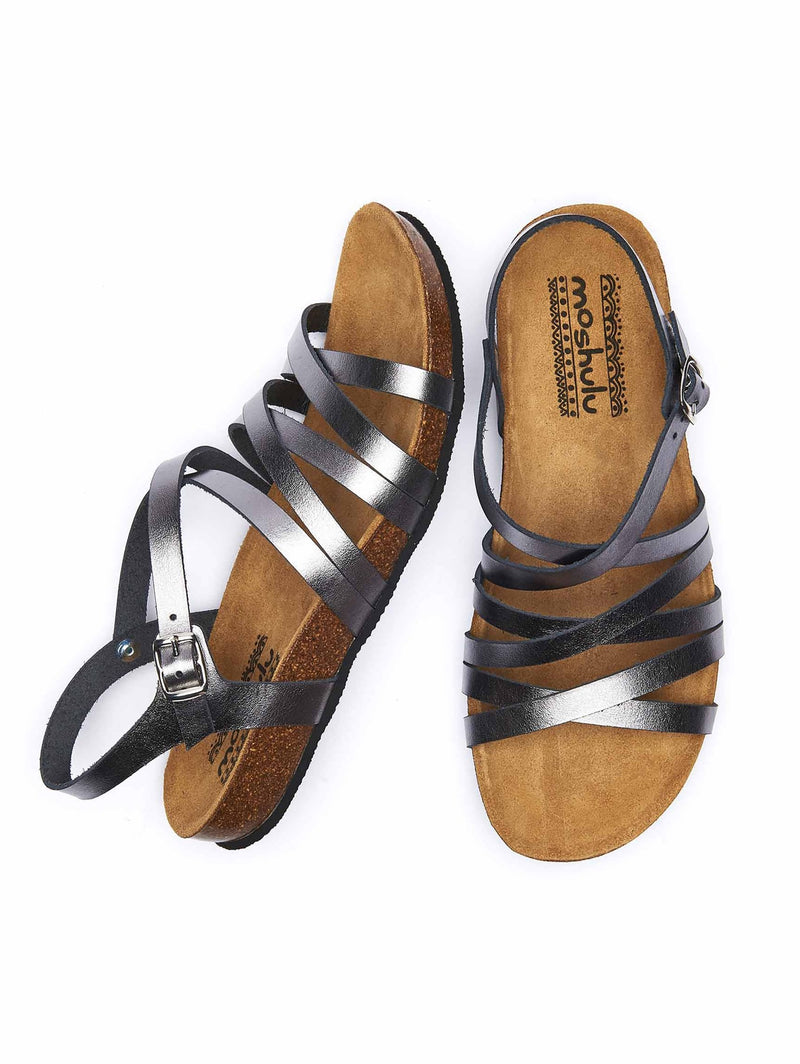 Metallic / Grey strappy cork footbed sandals - GINGER ALE METALLIC PEWTER