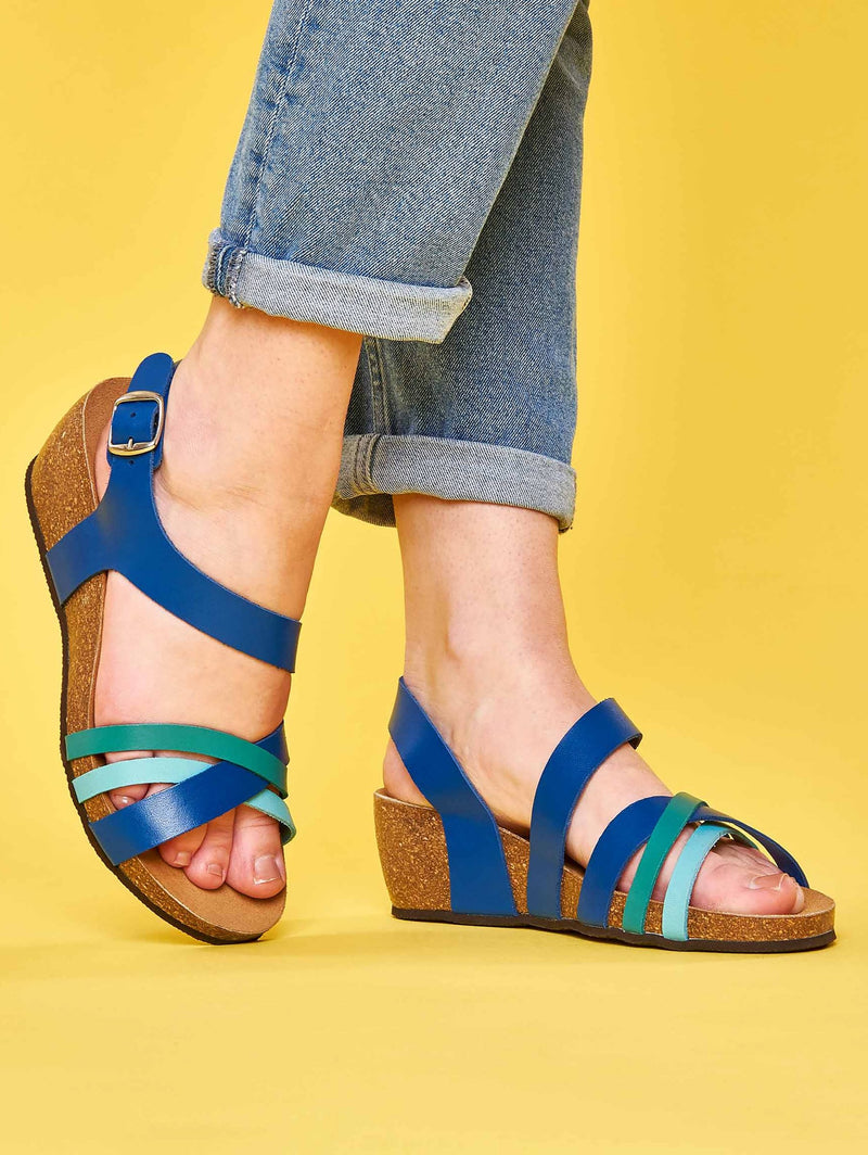 Blue Strappy wedged cork footbed sandals - BRANDY SOUR COBALT BLUE