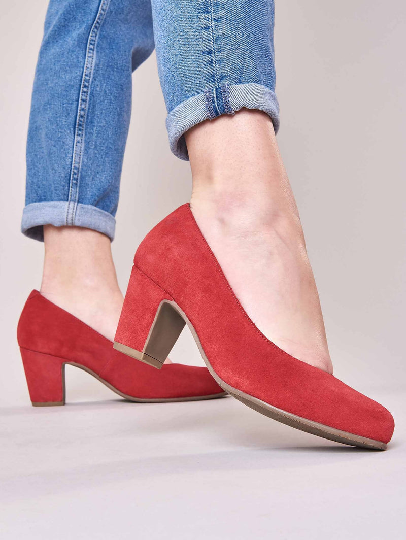 Red suede block heel court shoes - ASANTE LIPSTICK RED