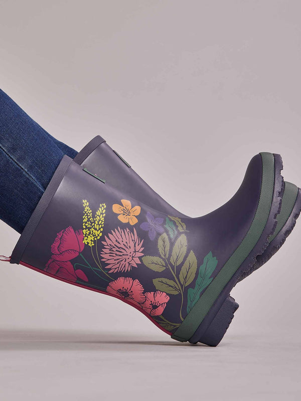 Blue colourful mid-length wellies - DOWNPOUR INDIGO WILDFLOWER