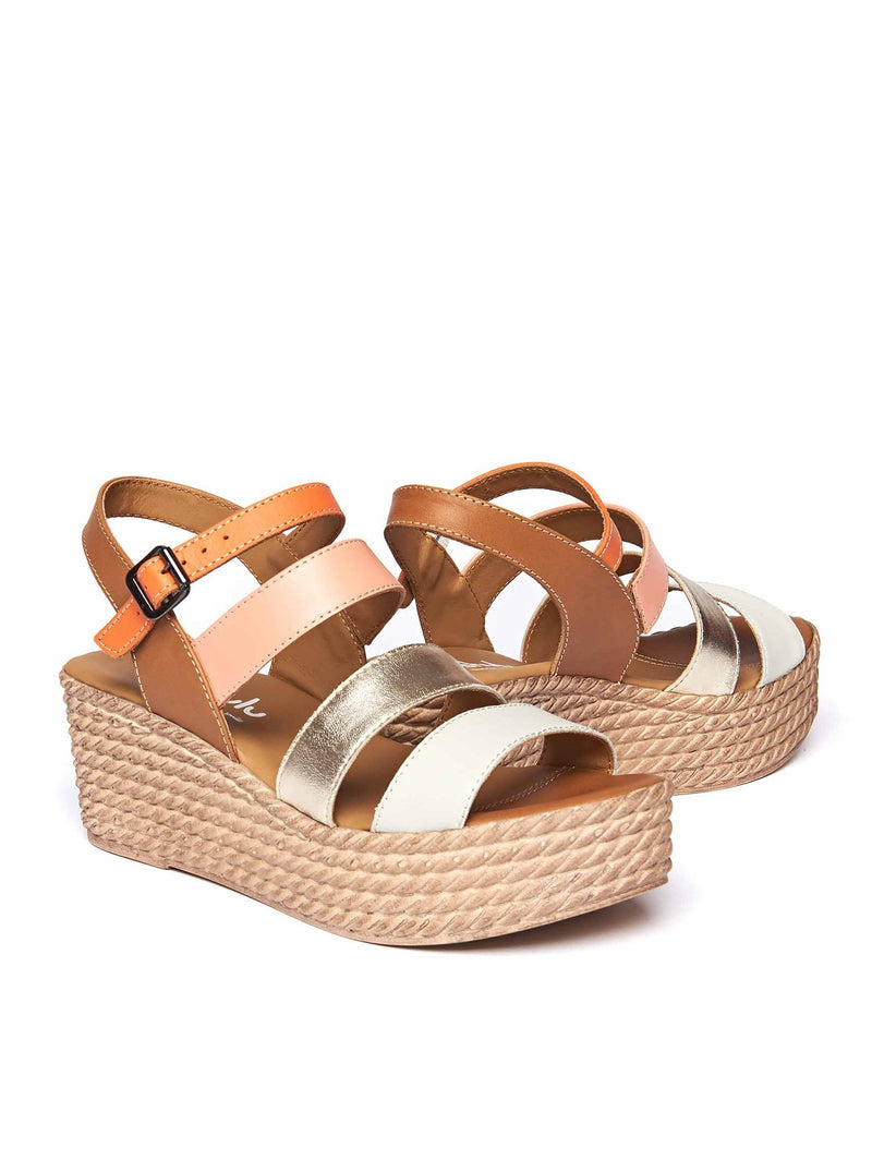Brown Leather strappy wedge sandals - CAMERI TAN MULTI