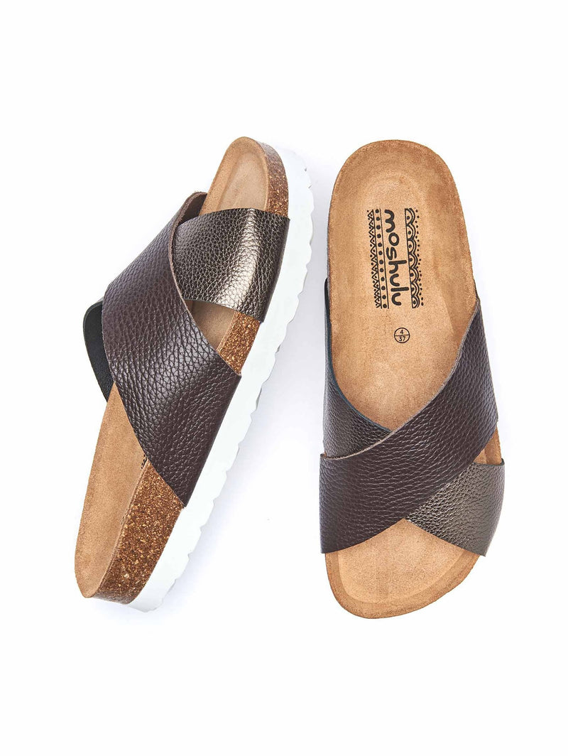 Brown Crossover metallic leather sandals - MARGATE METALLIC CHOCOLATE