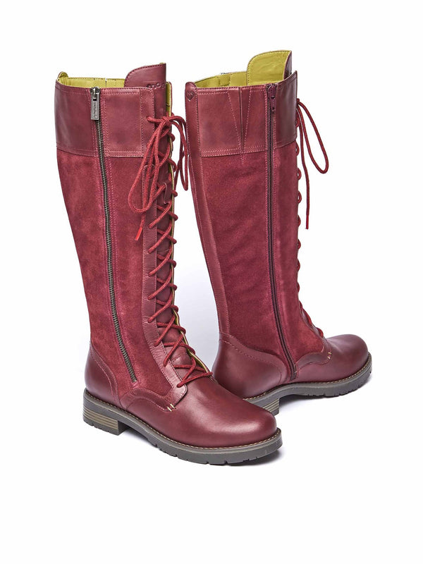 Red long adjustable lace-up boots - AIMEE CABERNET