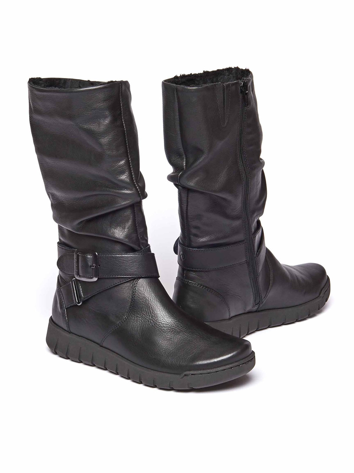 Black ruched leather mid-length boots - MALMO BLACK
