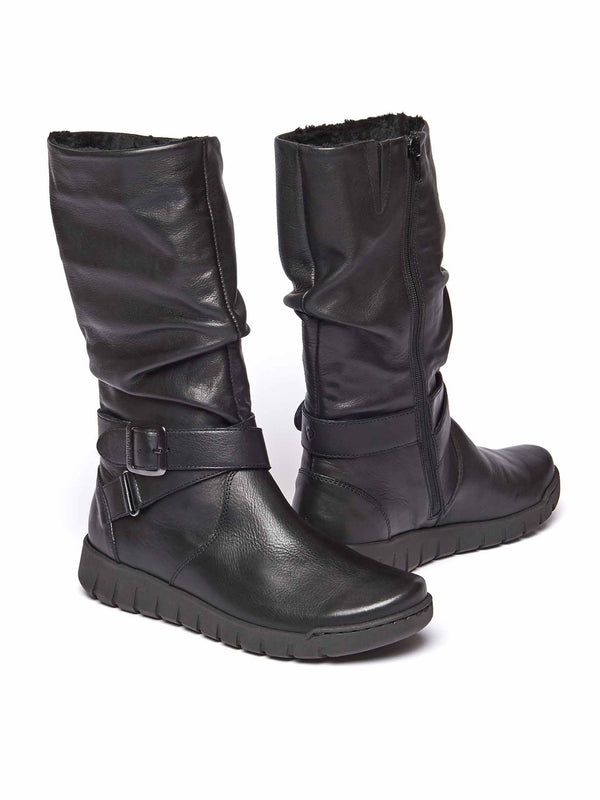 Black ruched leather mid-length boots - MALMO BLACK
