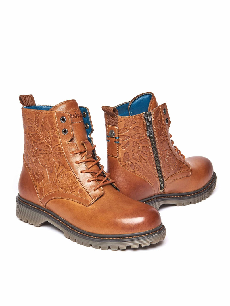 Brown ladies' embossed lace-up worker boots - FIORD 3 TAN