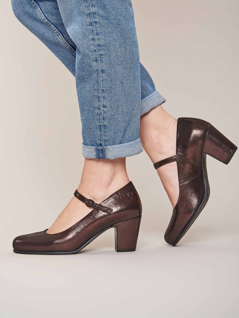 Metallic women's metallic block heel court shoe - GOLDIN CACAO METALLIC