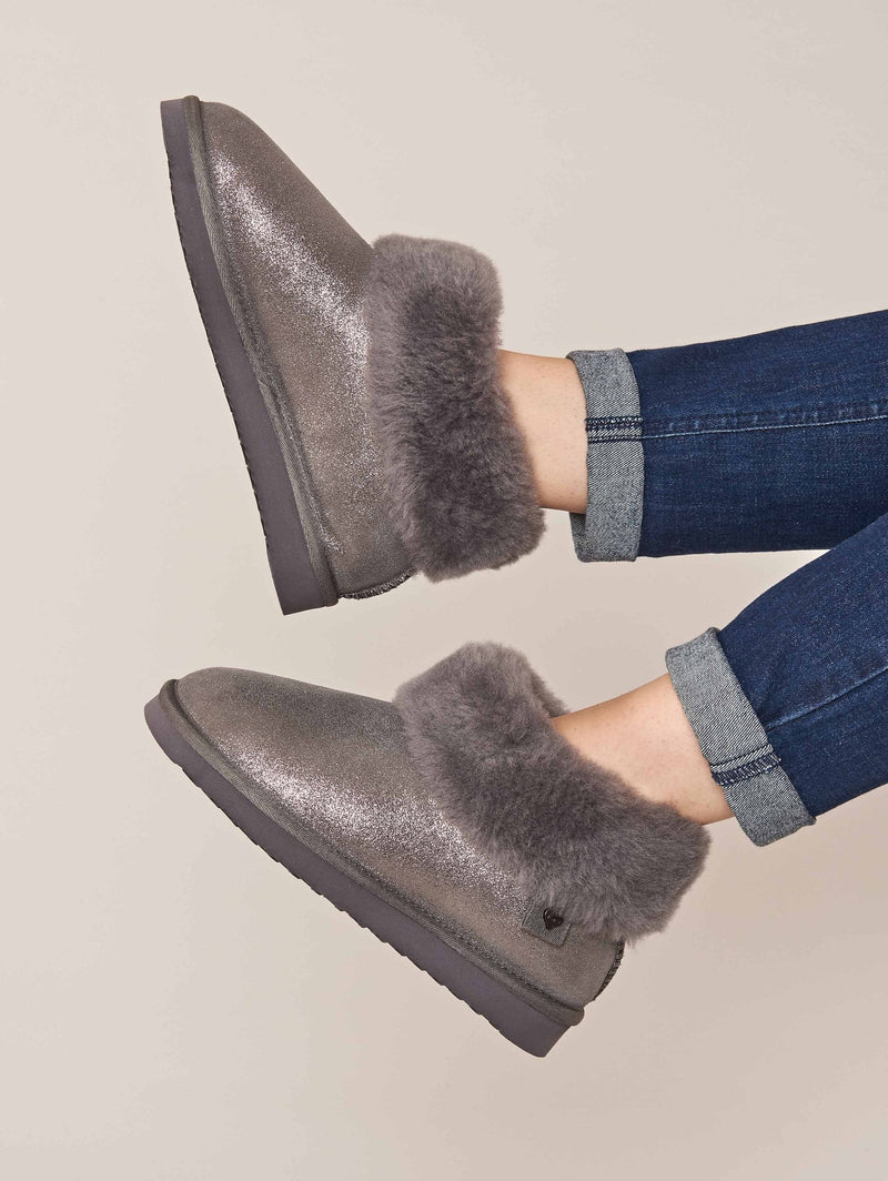 Metallic / Grey Ladies' sheepskin ankle slipper boots - GAMBIER PEWTER