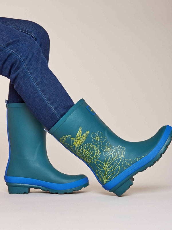 Green colourful mid-length wellies - DOWNPOUR LAGOON FLORAL