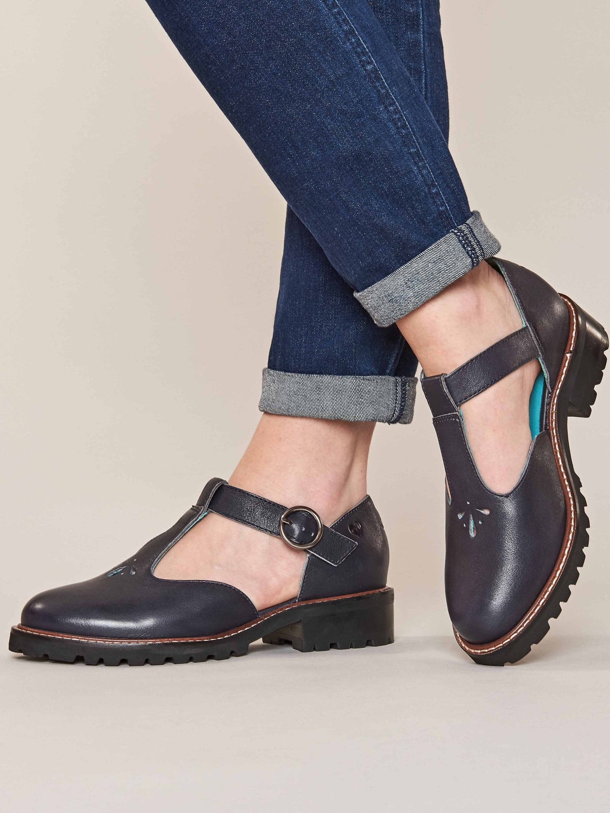 Blue Leather T-bar shoes - MARAZION INDIGO