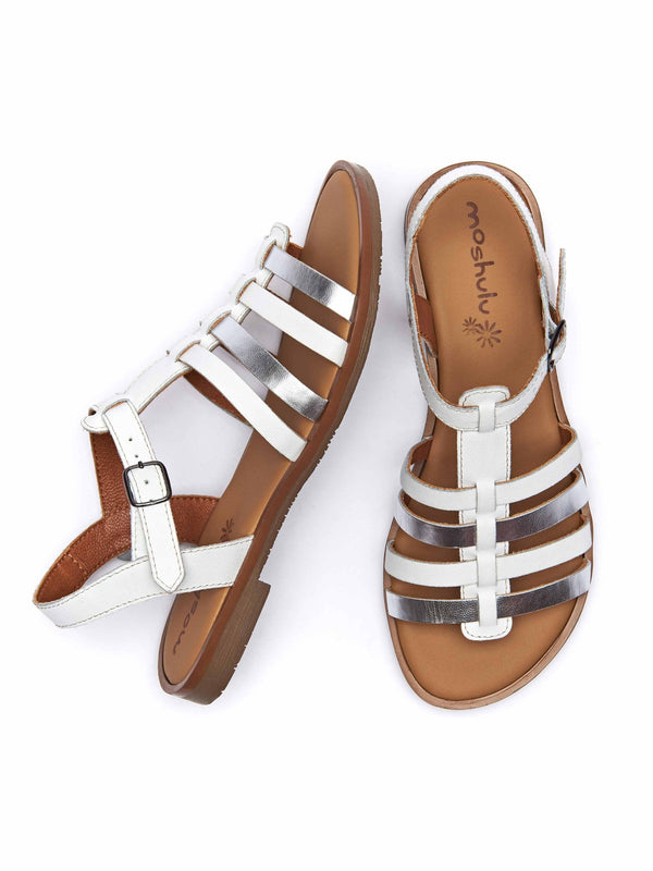 White Strappy metallic t-bar sandals - KAUR WHITE/SILVER