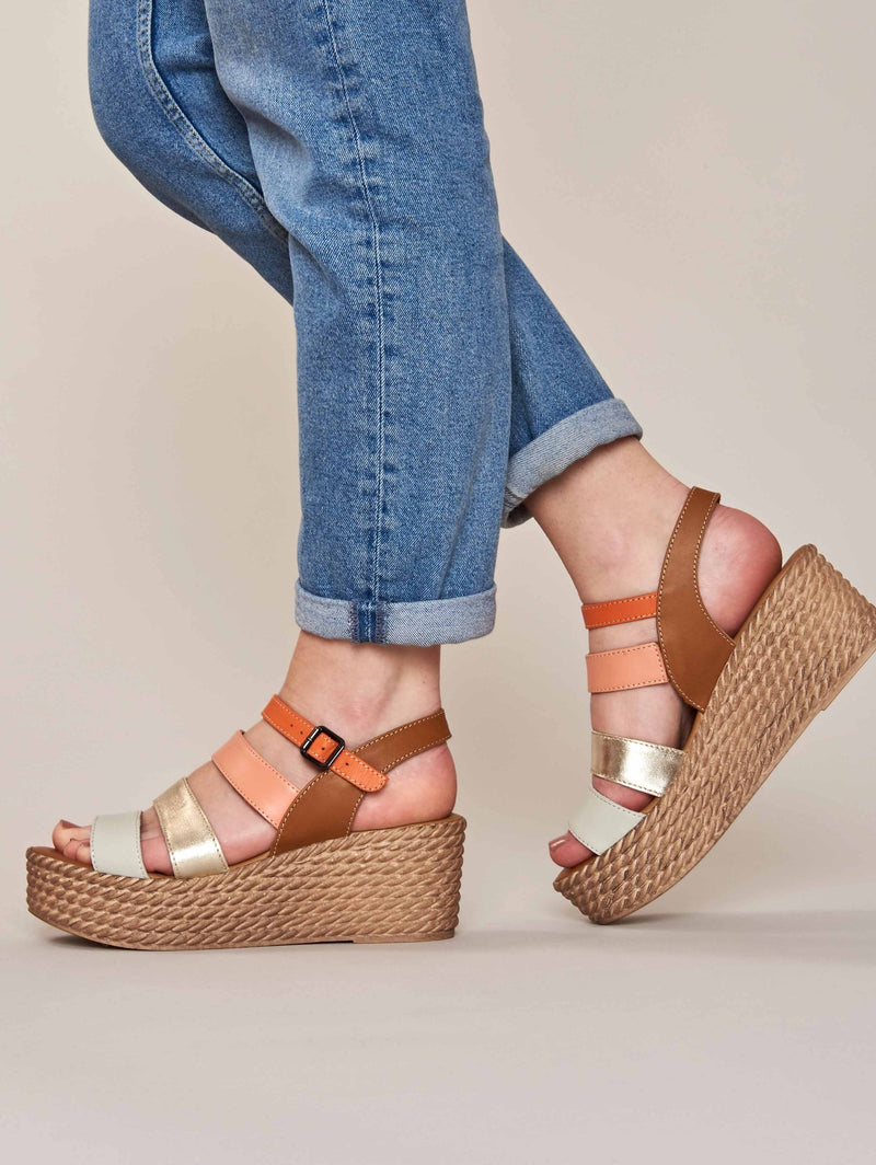 Brown Leather strappy wedge sandals - CAMERI TAN MULTI