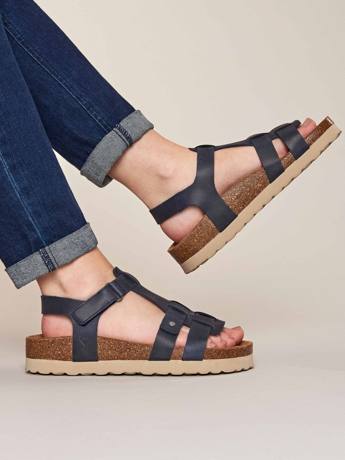 Blue Leather t-bar cork sandal - SAUNTON INDIGO