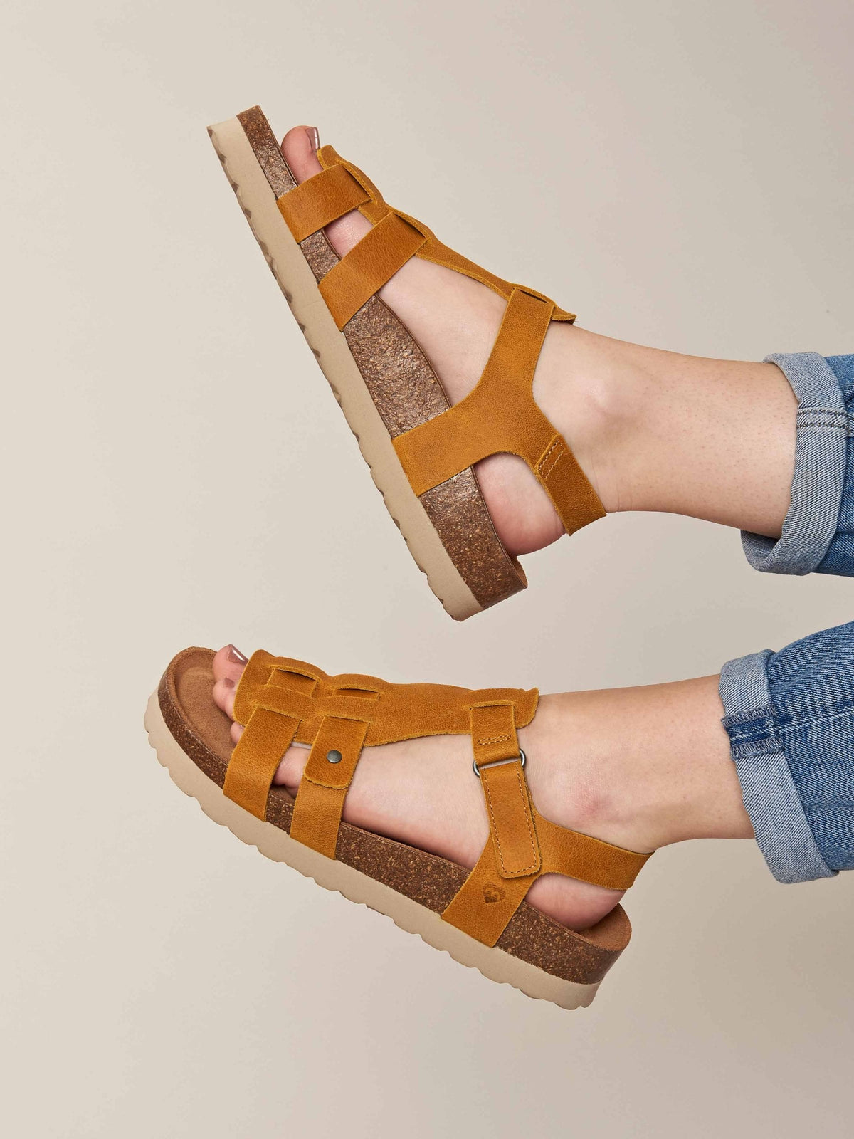 Yellow Leather t-bar cork sandal - SAUNTON YELLOW