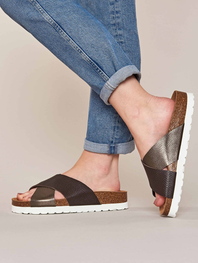 Brown Crossover metallic leather sandals - MARGATE METALLIC CHOCOLATE