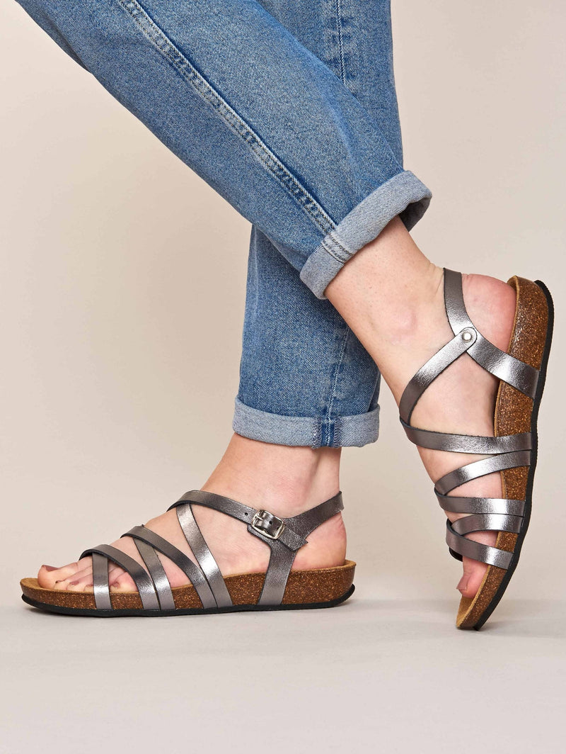 Metallic / Grey strappy cork footbed sandals - GINGER ALE METALLIC PEWTER