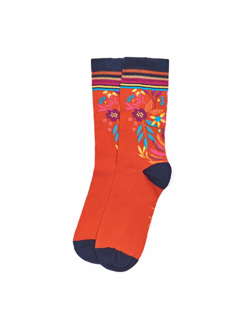 Orange ladies' eden garden cotton crew socks - CORYDORA MANDARIN ORANGE