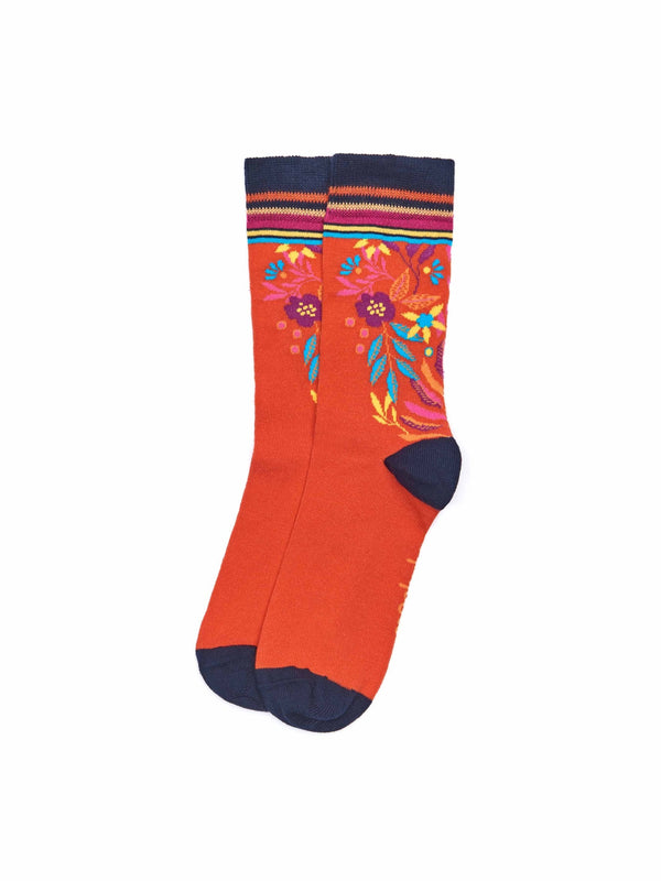 Orange ladies' eden garden cotton crew socks - CORYDORA MANDARIN ORANGE