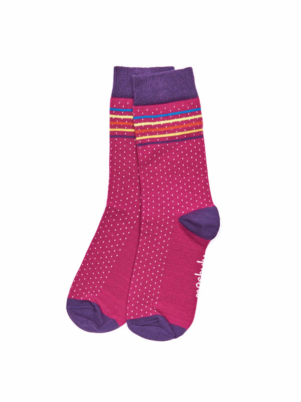 Pink ladies' polka dot & stripe crew socks - GUPPIE FUCHSIA PINK