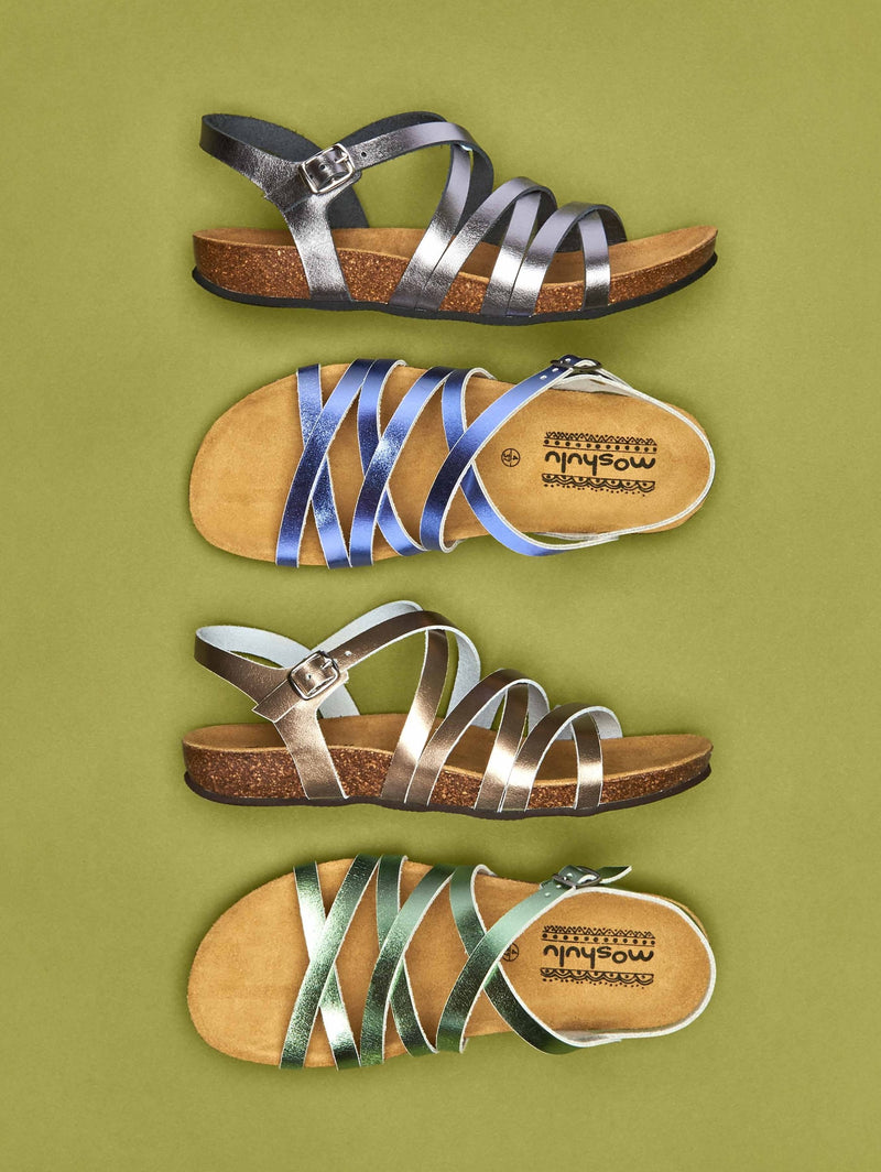 Metallic / Grey strappy cork footbed sandals - GINGER ALE METALLIC PEWTER