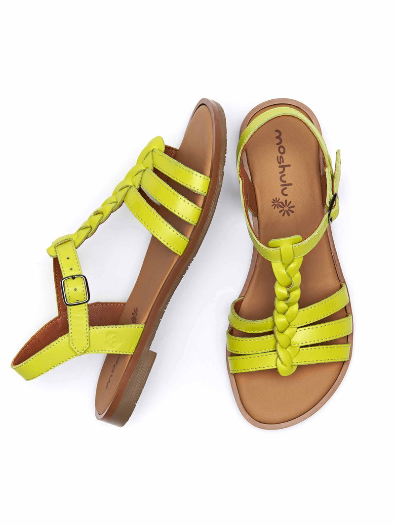 Green strappy leather t-bar sandals - WASABI CHARTREUSE