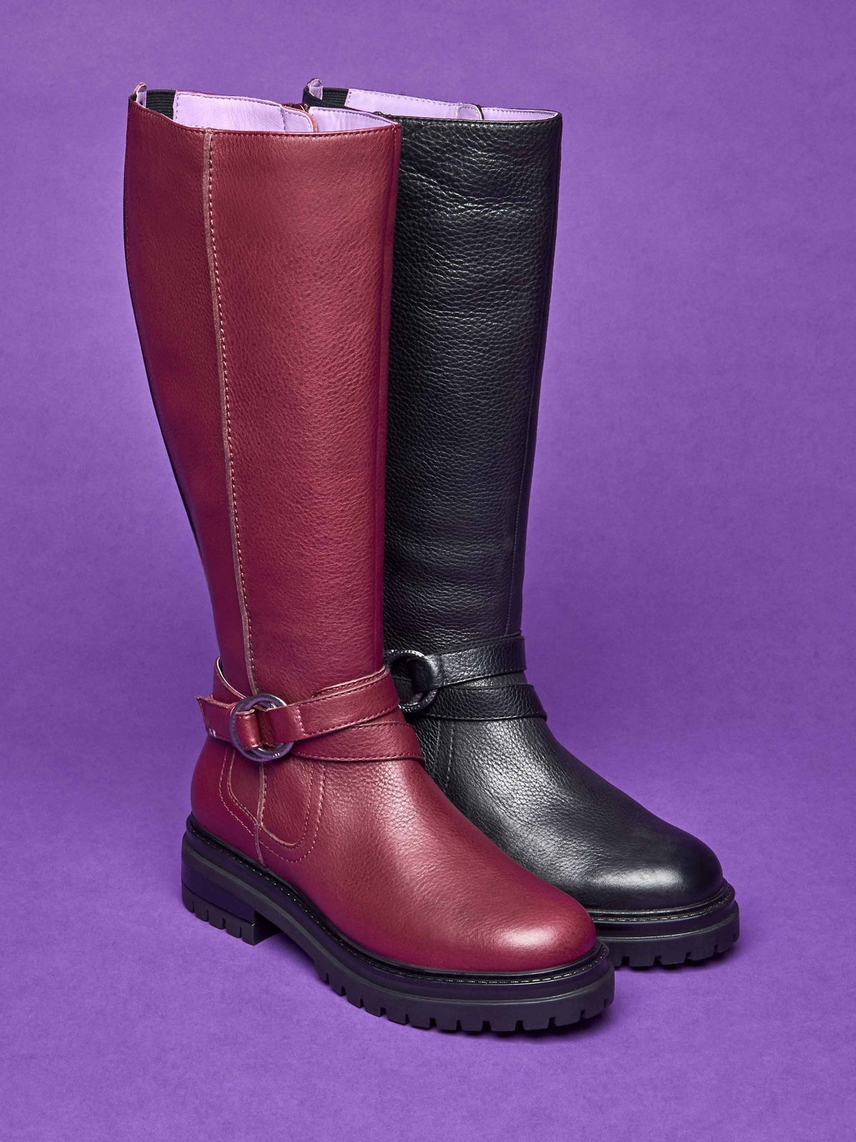 Red knee-high leather biker boots - KAHLO CABERNET