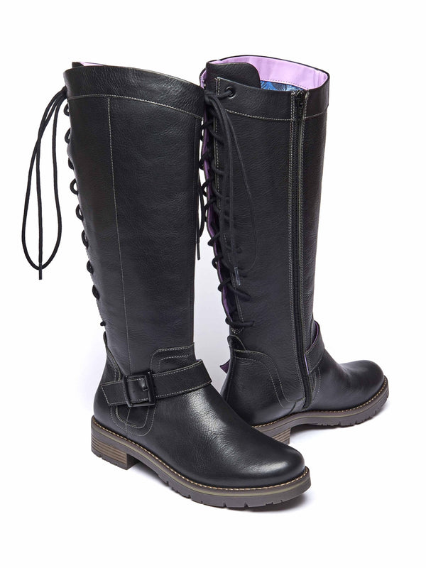 Black lace up leather long boots - ULRIKA BLACK