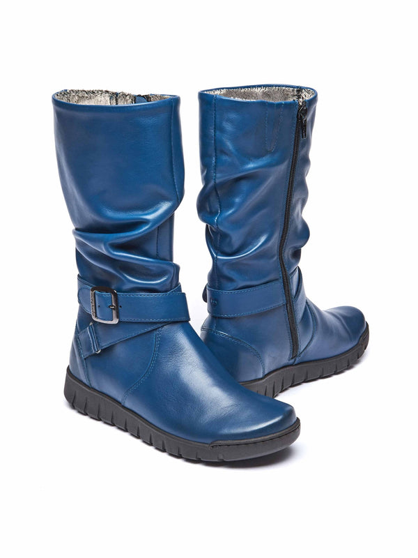 Blue ruched leather mid-length boots - MALMO DARK TEAL