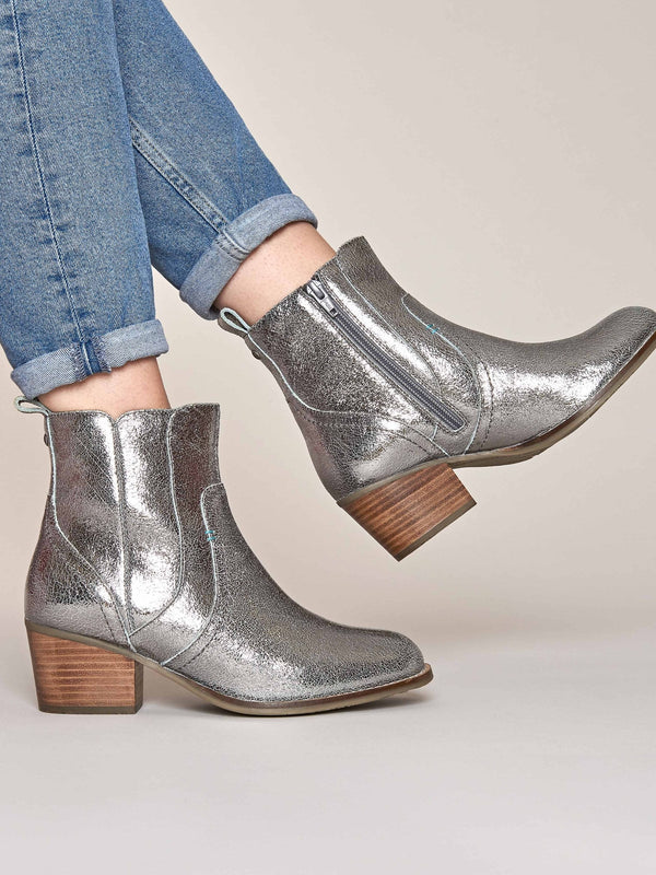 Metallic leather Western heeled ankle boots - MORISOT LEATHER SILVER METALLIC