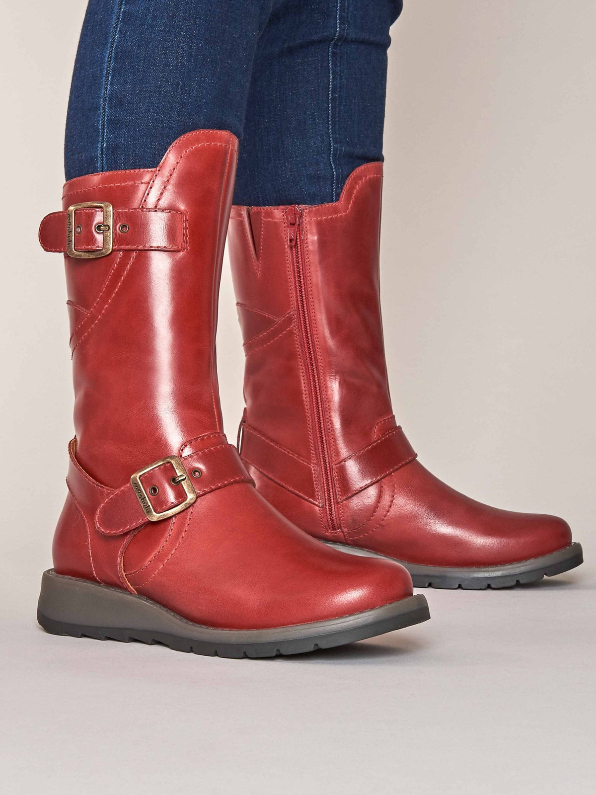Red wedge mid-length leather boots - NIGHTJAR LIPSTICK RED
