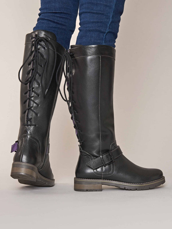 Black lace up leather long boots - ULRIKA BLACK